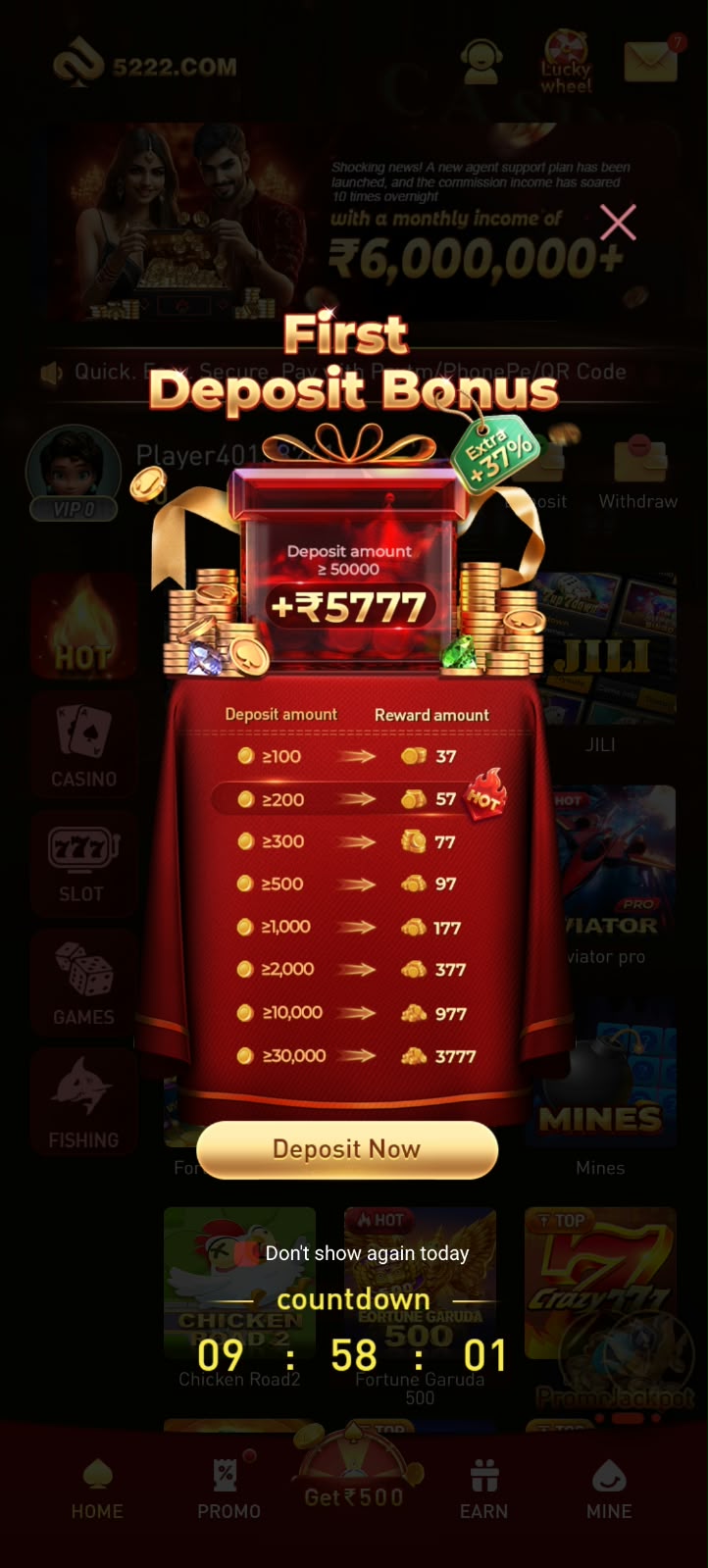 5222 Game home page with deposit offer, 500 free bonus and gift code