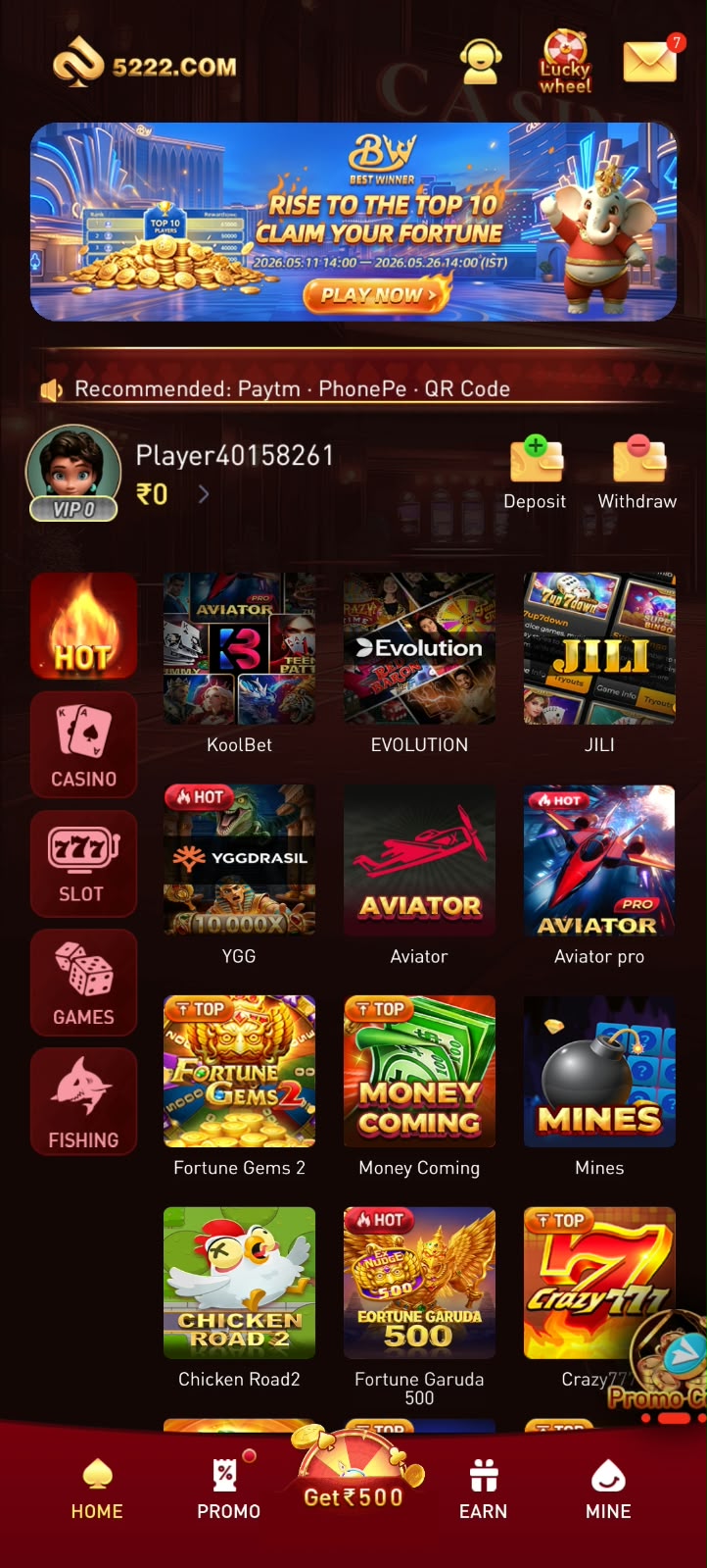 5222 Game home page with deposit offer, 500 free bonus and gift code