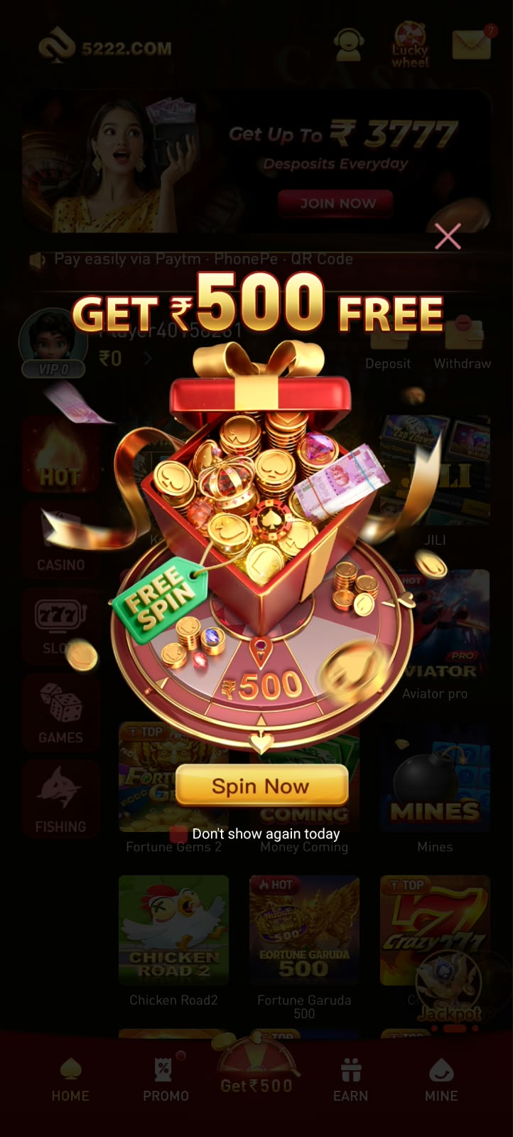 5222 Game home page with deposit offer, 500 free bonus and gift code