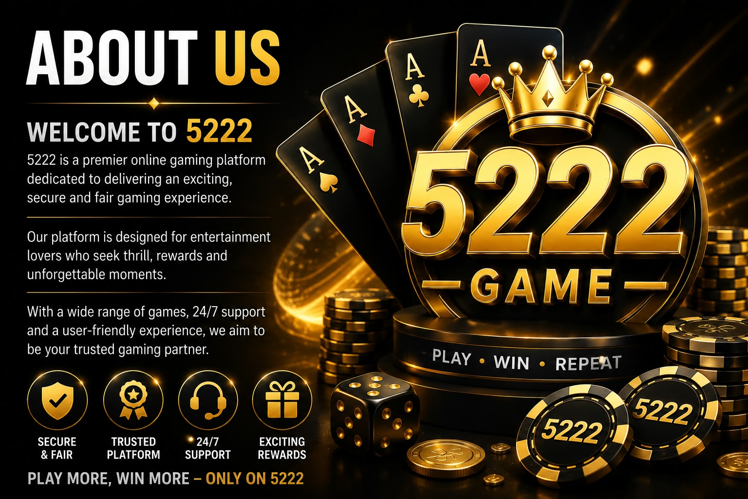 5222 Game About Us banner with 5222 logo, playing cards, casino chips and gaming features