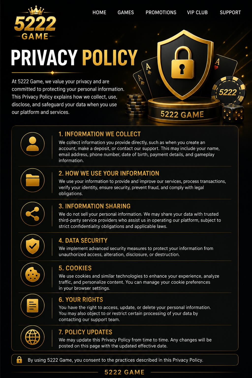 5222 Game Privacy Policy page featuring a security shield, lock icon, playing cards and privacy information