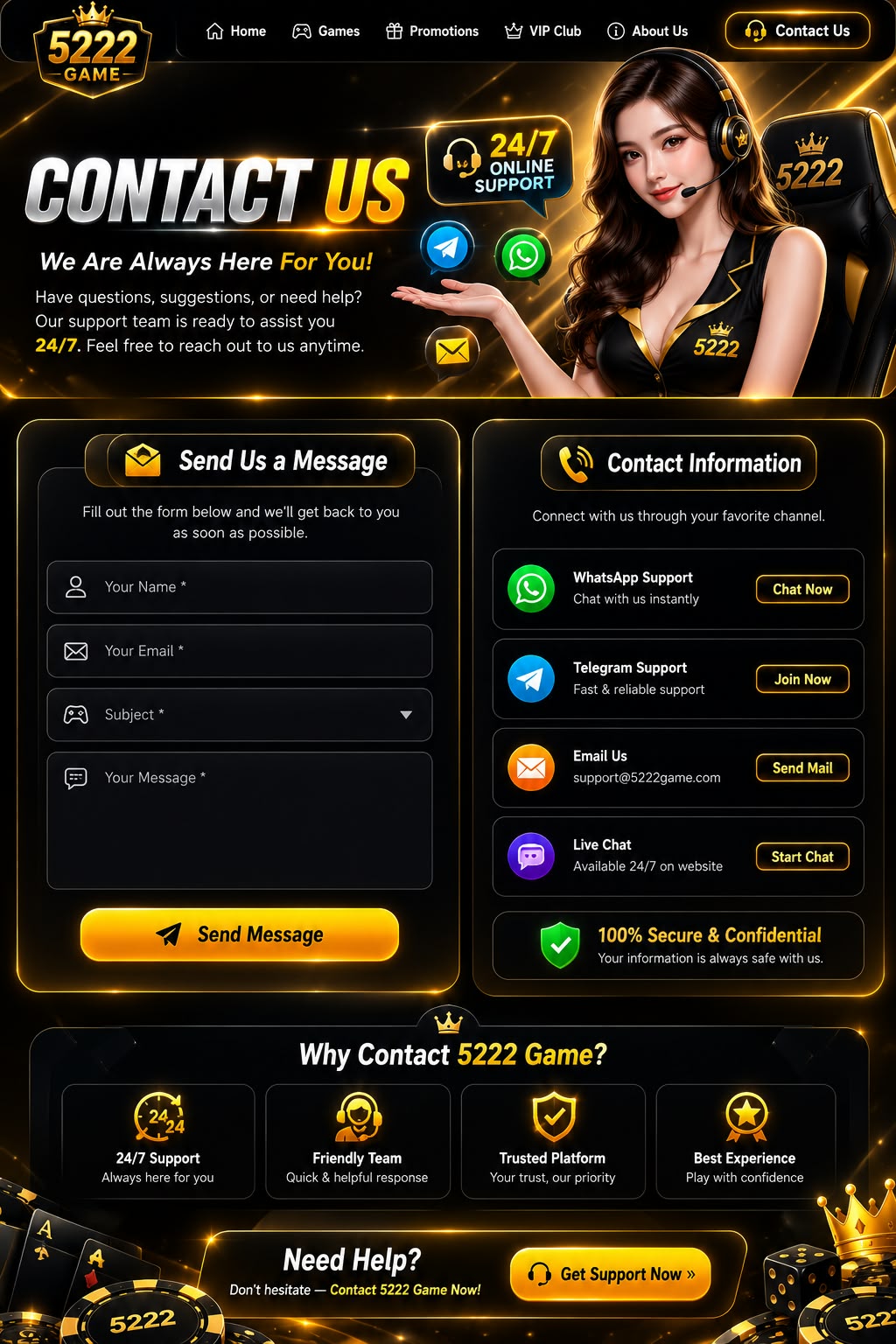 5222 Game Contact Us page with 24/7 online support, WhatsApp, Telegram, email and live chat options